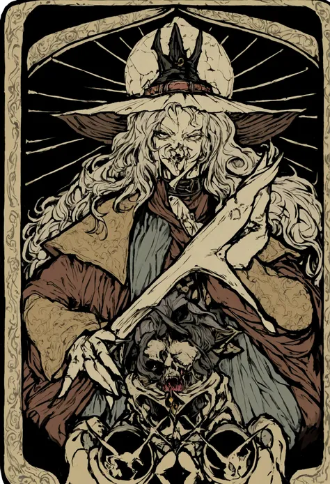 Illustration of witch playing tarot for a sticker with a black background, em estilo de contorno em negrito, bordas irregulares, trashcore, Sombreamento claro