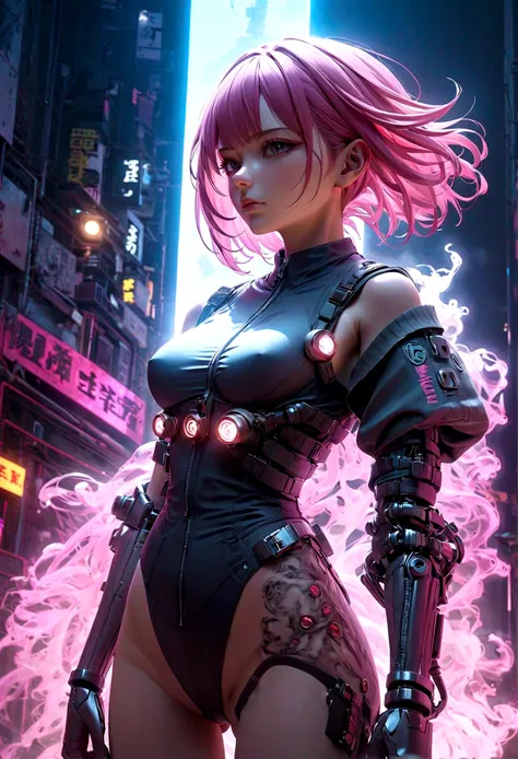 Japanese Manga《Chainsaw man》Machima, Female prosthetic body transformation, highly detailed, hyperrealistic, cinematic lighting, dramatic, gritty, moody, neon lights, glowing energy aura, intense expression, mechanical parts, cyberpunk style, advanced tech...