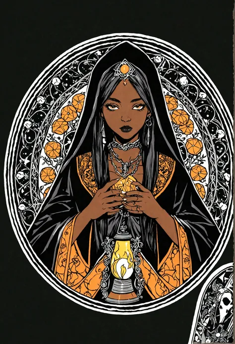 Illustration of beautiful young witch playing tarot for a sticker on a black background, em estilo de contorno em negrito, bordas irregulares, trashcore, Sombreamento claro