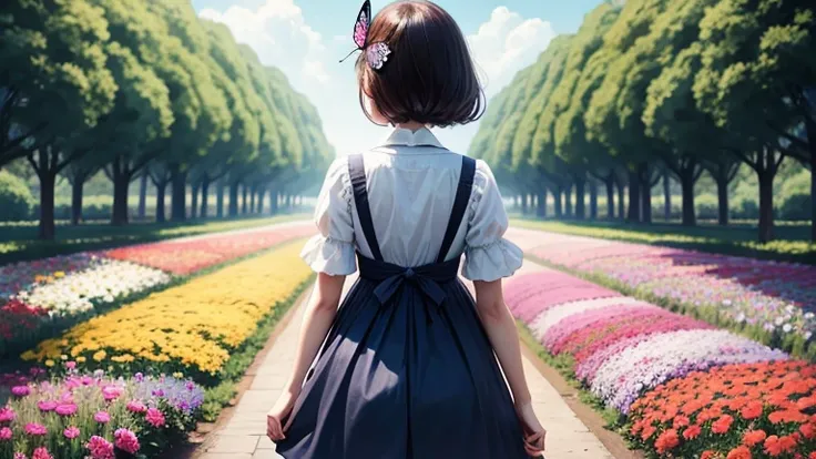 Bright flower garden、Young girl from behind、Flying Butterfly。