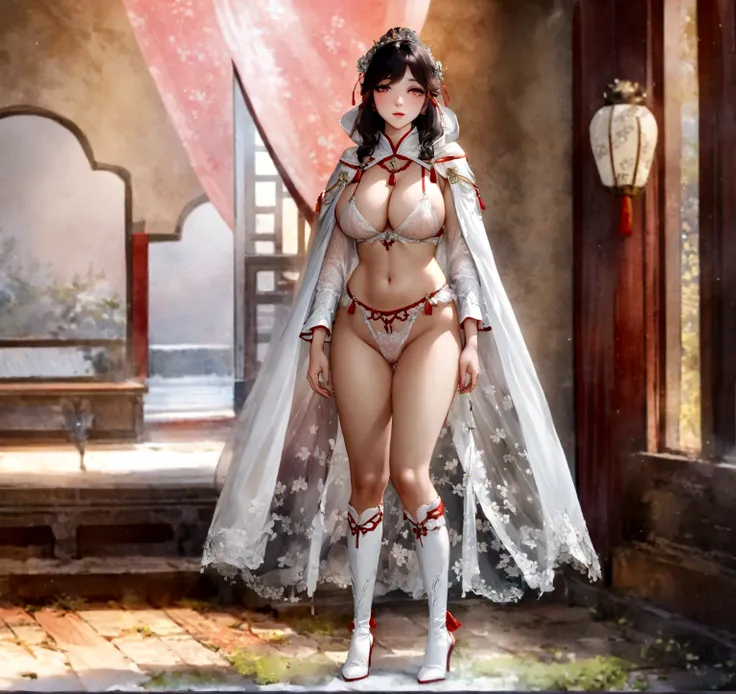 Woman wearing sexy lingerie and cape, full body xianxia, Beautiful fantasy queen, She exhibits sexual arousal and strong desire，sexual hunger，Transparent red and white underwear，see-through clothing，high cut underwear，Huge Breasts，Big  girl，Seductive naked...