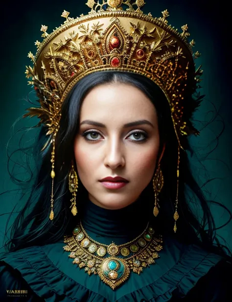 RAW photo, a portrait of a woman with a large crown on her head, in the style of dan mumford, dmitry vishnevsky, complex layers and textures, dark azure and gold, naoto hattori,julie bell ,James Jean and karol bak portraitures with hidden meanings, energy-...