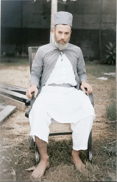  In this black and white photo, a man with a beard sits in a chair, looking to the left. He is wearing a white shirt with a black neckline.