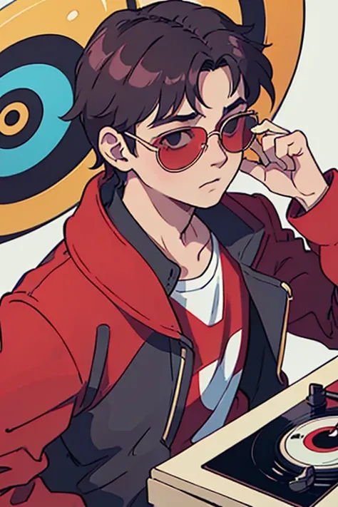 Boy in red jacket and sunglasses, segurando um disco de vinil 