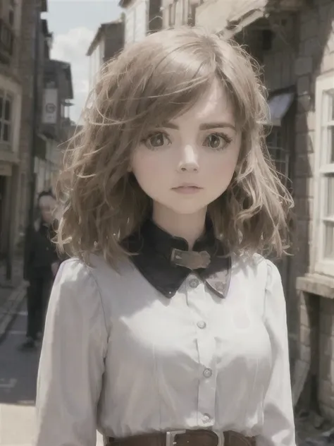 Jenna Coleman as an intrepid steampunk explorer, wandering around an abandoned Victorian town in search of artifacts, movie yet, Cinematic, sharp focus