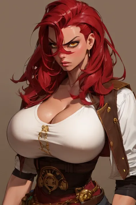 Girl with wavy red hair and rebellious, ((hair slicked back)), (angry eyes), ((dark circles around eyes)), golden eyes and tanned skin, ancient roman pirate style clothes, (gigantic breasts), background with clouds, realistic manhwa style.