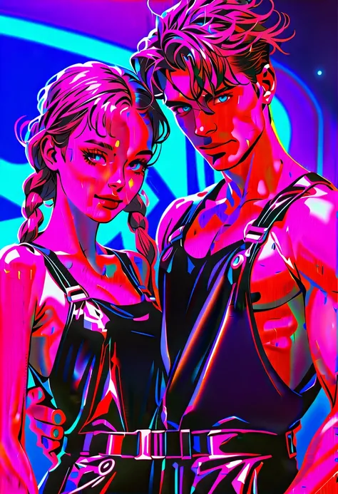 ((Picture in cyber punk style, create two characters), (futuristic , space station, space)))_((In the center of the composition there are two characters, close-up, a boy and a girl - full growth), (a girl in a stylish overalls, a slender figure, dynamic po...