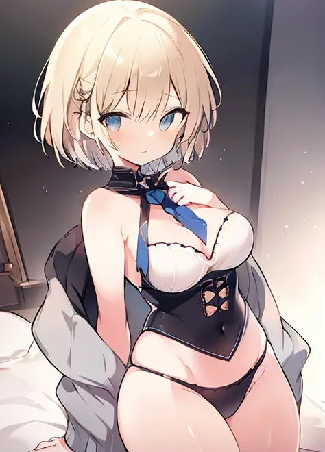 masterpiece, 8k, one cute girl, official art, detailed white thin small bra and pantie, Wet, light brown short hair, blue eyes, shy smile, large breasts, Cleavage, lie on back, bent knees, from top, lcomposition visible from the parietal to the thighs from...