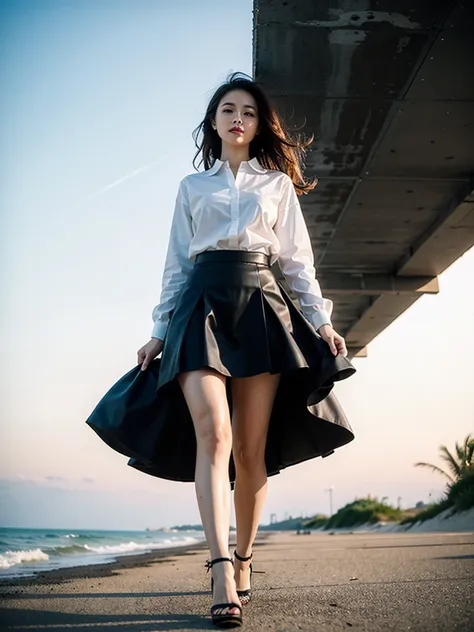 view from below,sunset summer beach background,full body,(tall girl:1.2),wave hair,girl,mini skirt,wet croped shirt,(high heel:1.2),walking,slim legs,big breasts,