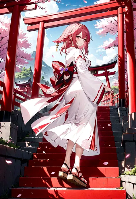 (masterpiece, best quality: 1.2),  Yae Miko, Genshin, outdoor,Red Torii,Tree,stairs,look back，Cherry blossoms，Sky，petal，Clogs sandals，White Kimono，