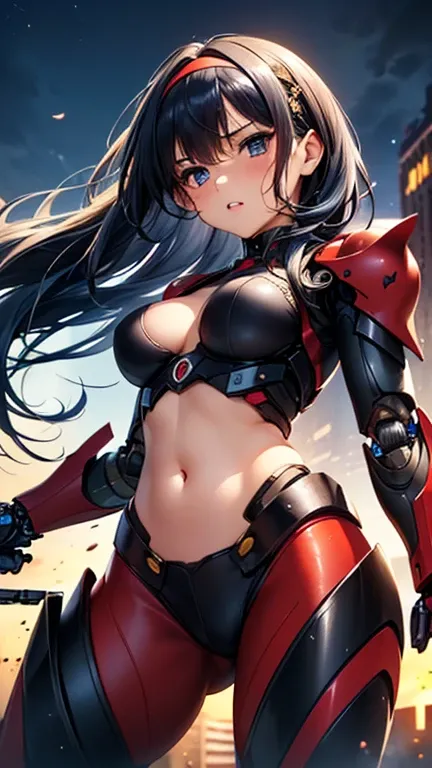 A girl is posing for a photo,pretty girl,Enchanting girl,Anime Girls,
(((One Girl,Baby Face,16 years old))),

(((Silver Armor,Red Cyber Suit)), ((cyborg、Robot Girl、rifle)))、head band、Belly button BREAK 

(Beautiful Hair,Shiny Hair),(Black and blue hair、Hai...