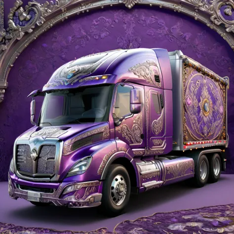 a highly detailed 18-wheeler truck, embroidered with intricate patterns, double stitching, silver beads along the edges, set aga...