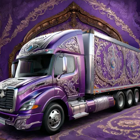 a highly detailed 18-wheeler truck, embroidered with intricate patterns, double stitching, silver beads along the edges, set aga...