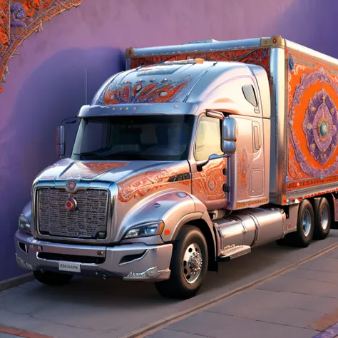 a highly detailed 18-wheeler truck, embroidered with intricate patterns, double stitching, silver beads along the edges, set aga...