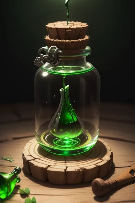 a green liquid in a glass bottle with a cork stopper, potion of healing, potion, magical potions, making a potion, magical potions, health potion, magic spell icon, garrafa de veneno hiper realista, painting of one health potion, potions, shiny potions, Be...