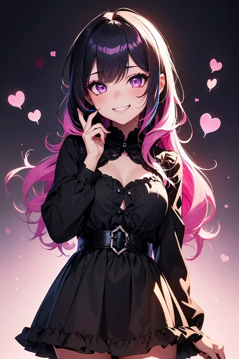 ((1 girl)), Latest Fashion Trends, Gothic Lolita Makeup, (hair ornaments),(Grin),Monochrome clothes, Black and purple hair, Wavy Hair, Mid cut, Gothic Dress, Miniskirt Naughty, Beautiful expression, Pink Eyes, (Hearts in eyes), Cold Background,18-year-old,...