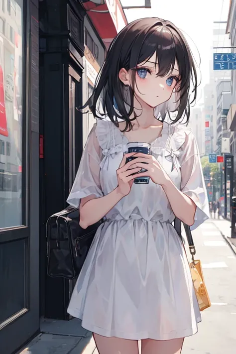 A beautiful girl staring blankly ahead on the street