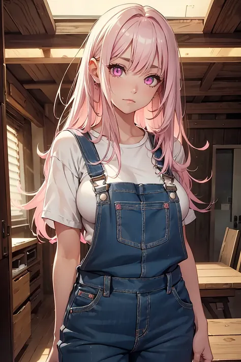  ((1 girl)), Naked and in overalls,Rough poses, Droopy eyes,  fluffy, warm, Large clothes, Big Breasts, Cowboy Shot,((Very detailed,highest quality, High resolution, Apathy, 8k wallpaper, Beautiful clothes,)),((Pure white hair)), Long Hair,Messy Hair, eye ...