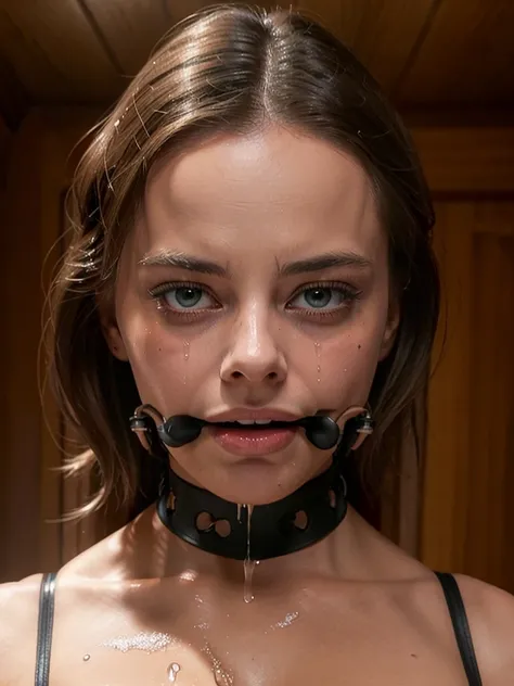 margot robbie, (bdsm, bondage, drool dripping, drool dangling) cleavage, 8k, realistic, slave, medium breasts, choker, sexy bra,...