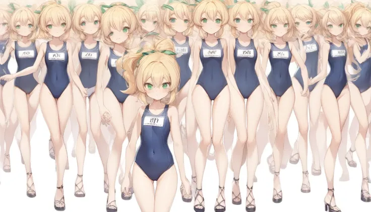 Short stature,flat chest, clone girls, blond hair, green eyes,swimsuit roll(mega man x dive old design) clones,high ponytail hair,Sleeveless navy one piece school swimsuit with white stripes from armpit to flank,white name tag, navy heeled sandals, green r...