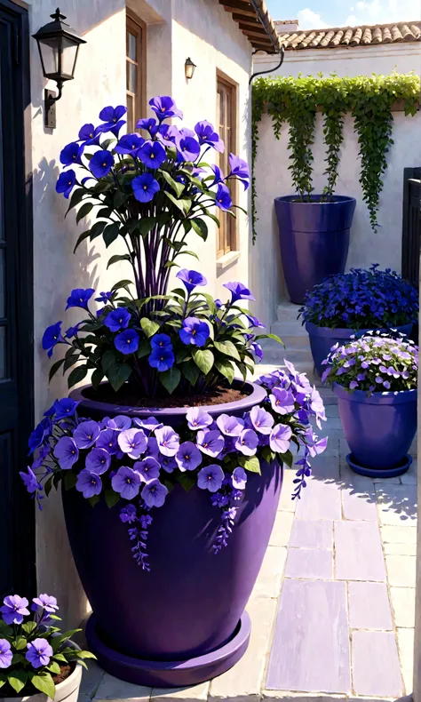 purple flowers in a pot on a patio with a blue planter, purple foliage, blue and purple plants, dark purple tones, some purple, cobalt coloration, violet, dark purple, purple, purples, purple hues, violet polsangi, second colours - purple, more dark purple...