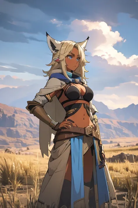 8K, Best Quality, Masterpiece, Ultra High Resolution, fantasy, girl, (very long length blonde hair,) blue eyes, flowing hair, 1girl, intimidating, golden blonde hair, ear piercings, in the middle of nowhere, dark skin, long hair, teenager, dark skin, very ...