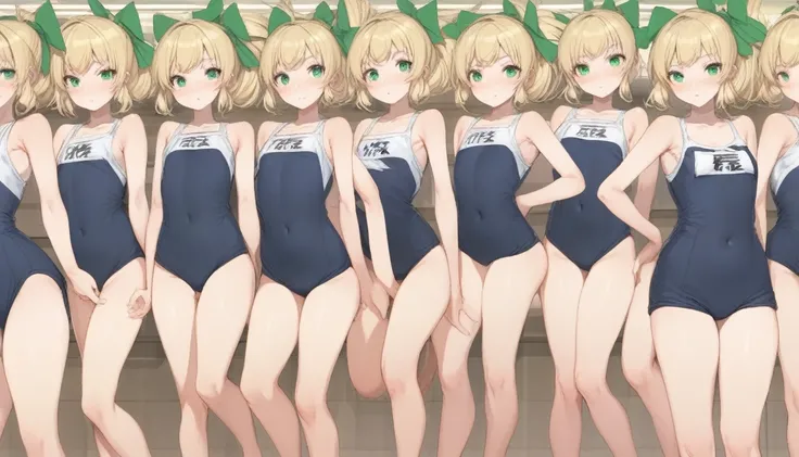 Short stature,flat chest, clone girls, blond hair, green eyes,swimsuit roll(mega man x dive old design) clones,high ponytail hair,Sleeveless navy one piece school swimsuit with white stripes from armpit to flank,white name tag, navy heeled sandals, green r...