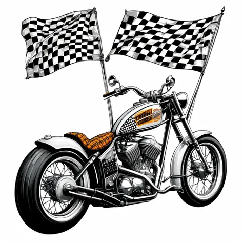 Vintage tshirt print design (on a white background:1.2), digital art of a custom vintage chopper motorcycle with a retro racing theme and checkered flags, (comics style:1.2), highly detailed, 4k, masterpiece.The white background should be separated from th...