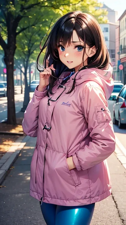 A girl is posing for a photo,pretty girl,Enchanting girl,Anime Girls,
(((One Girl,Baby Face,16 years old))),(Drooping eyes,blue eyes),(Small breasts),

(((Matte pink and blue long parka)), ((leggings、sneakers))、((Big white ribbon))、
BREAK 

(Beautiful Hair...