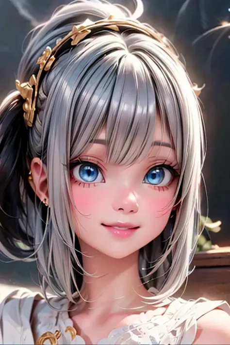 close_up of an angel smiling, sparkling (blue) eyes, shiny white hair, (golden and silver) make_up, ethereal background, 