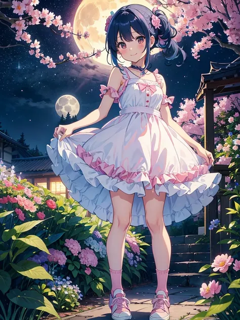 highest quality、Masterpiece、night、Full moon in the distance、Flower Garden、SakuraFubuki、One girl、Blue Hair、Hair tied up、Smile、Pink and white ruffled dress、Calf socks、Pink sneakers、Standing pose