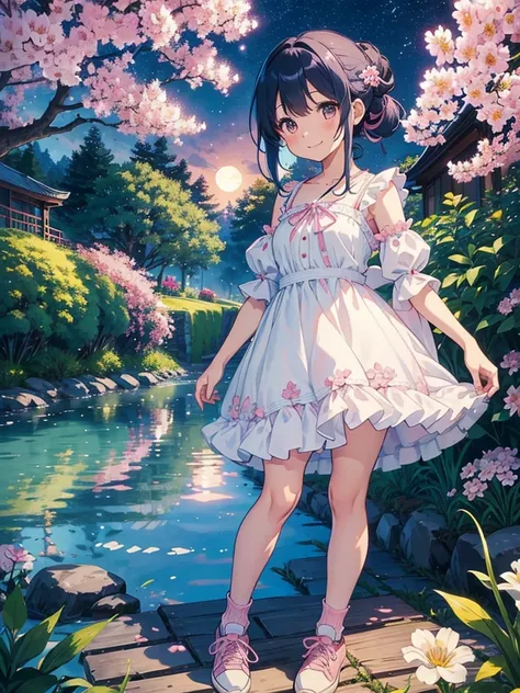 highest quality、Masterpiece、night、Full moon in the distance、Flower Garden、SakuraFubuki、One girl、Blue Hair、Hair tied up、Smile、Pink and white ruffled dress、Calf socks、Pink sneakers、Standing pose