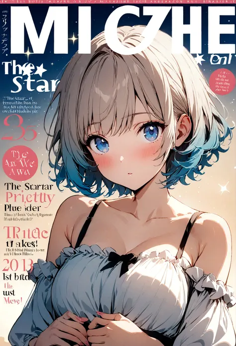 (magazine cover:1.0), (cover-style:1.0), masterpiece, best quality, 1girl, British, the star, gradient hair, short hair, blue eyes