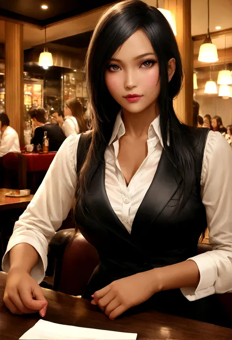 photo femme de 26 ans réaliste, cheveux cour noir, well dressed short, beau visage, Tanned skin (realistic skin) au restaurant,very realistic