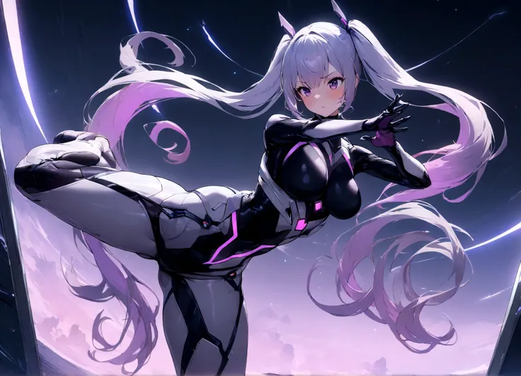 1girl, long purple and white gradient twin tails hair, futuristic skintight bodysuit, looking at mirror, (best quality,4k,8k,highres,masterpiece:1.2),ultra-detailed,ntricate details, dynamic pose,