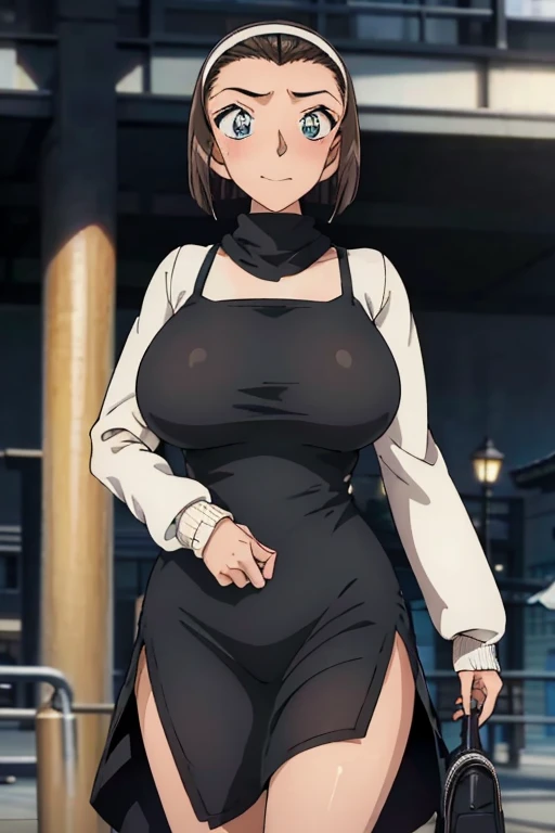 masterpiece, 16k, Japanese, 1 female ,60 years old ,(((White long sleeve warp knit sweater:1.5,Wear a black camisole dress:1.2))) ,(Big Breasts:1.5) , Realistic, double eyelid, Textured skin, 1080p, Canon, 8k, Very detailed, Accurate, highest quality、impat...