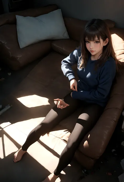 gorgeous young french woman, in her living room, on a sofa, wearing a legging and a sweatshirt, full body, beautiful face, masterpiece, best quality, ultra-detailed, solo, shadows, contrast, cinematic light, side lighting, ultra high resolution, best shado...