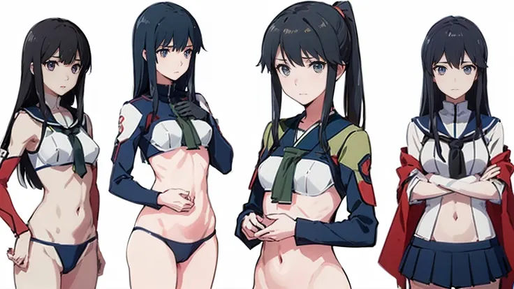 (( Fleet Collection、Kantai Collection、Yao、standing,multiple views、)),((Sailor suit、topless、breasts out,belly button、Bottomless))、woman,Full body photo, ((white background. White bed in a love hotel))) Best image quality, high quality, The background is cle...