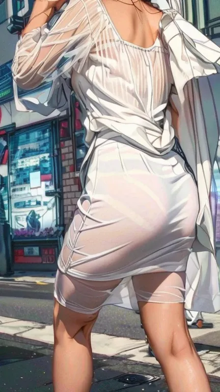 Photo shoot by a professional photographer, masterpiece, anatomically correct, high details, super detail, highres, 16k、A woman in a white dress is walking down the street, In a wet white short dress, Dirty UHD Hidden Photos, White mini skirt, See-through ...