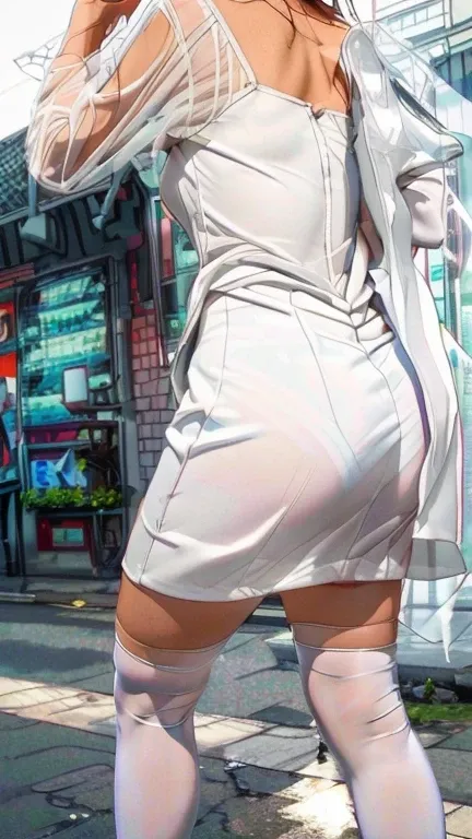 Photo shoot by a professional photographer, masterpiece, anatomically correct, high details, super detail, highres, 16k、A woman in a white dress is walking down the street, In a wet white short dress, Dirty UHD Hidden Photos, White mini skirt, See-through ...