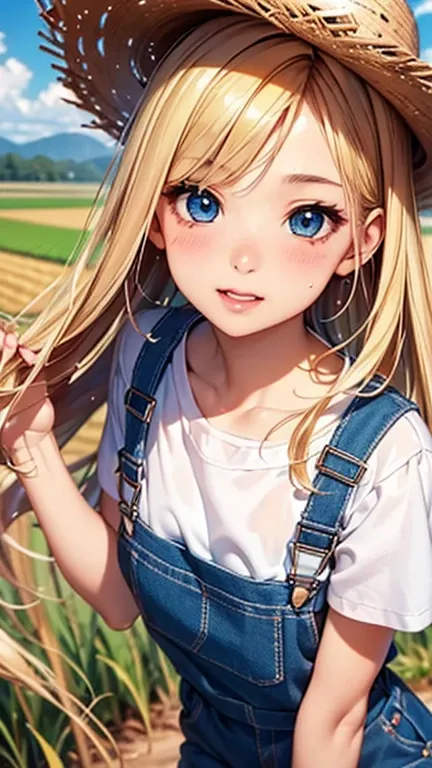 A girl is posing for a photo,pretty girl,Enchanting girl,Anime Girls,
(((One Girl,Baby Face,16 years old))),(Drooping eyes,blue eyes),(Small breasts),

(Shiny Blue Overalls:1.2、Shorts、White T-shirt:1.4、sneakers),(Straw hat),
BREAK 

(Beautiful Hair,Shiny H...