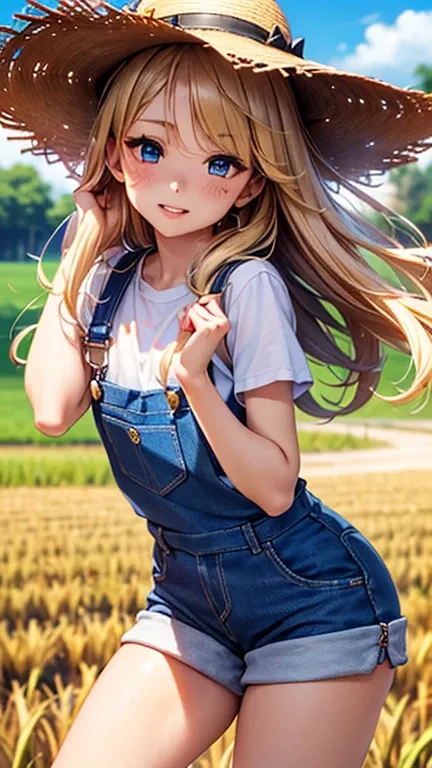 A girl is posing for a photo,pretty girl,Enchanting girl,Anime Girls,
(((One Girl,Baby Face,16 years old))),(Drooping eyes,blue eyes),(Small breasts),

(Shiny Blue Overalls:1.2、Shorts、White T-shirt:1.4、sneakers),(Straw hat),
BREAK 

(Beautiful Hair,Shiny H...