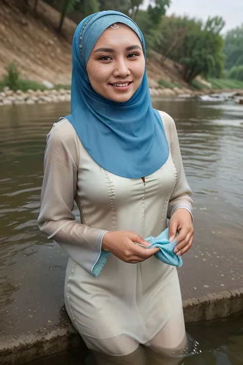 A beautiful Uzbek woman wearing a hijab, wearing a kebaya, is washing clothes by the river, on the rocks, face looking at the camera, smiling thinly, realistic