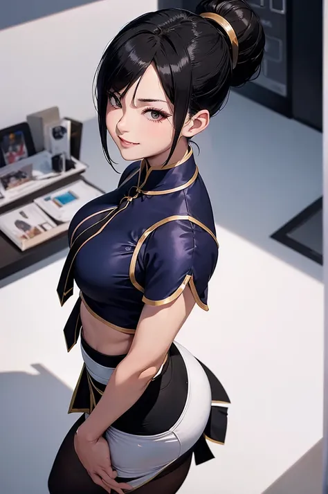 chun li, work of art, tight white secretary shirt with black tie, black high waist skirt, short skirt, black hair, black tights,evil smile,office,franja nos olhos,lighting,chifre de cabelos,view from above,olhando para cima
