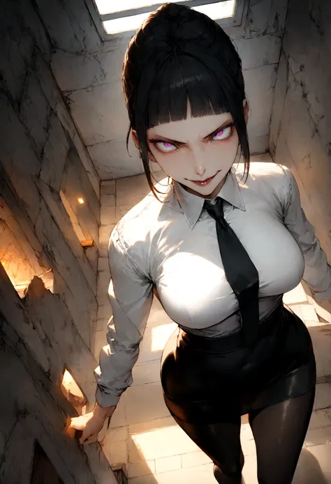 juri han, work of art, tight white secretary shirt with black tie, black high waist skirt, short skirt, black hair, black tights...