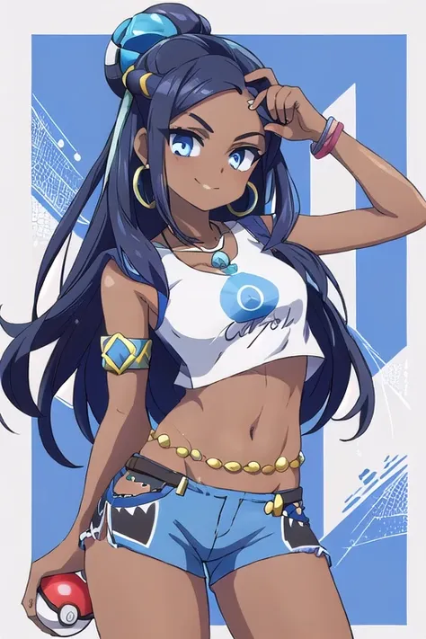 ((masterpiece,best quality)), absurdres, nessa_pokemon, 1girl, solo, dark skin, blue eyes, black hair, blue hair, two-tone hair,...