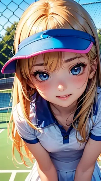 A girl is posing for a photo,pretty girl,Enchanting girl,Anime Girls,
(((One Girl,Baby Face,16 years old))),(Drooping eyes,blue eyes),(Small breasts),

(Matt pink tennis uniform、tennis racket、Sun visor),
BREAK 

(Beautiful Hair,Shiny Hair),((Blonde))、Hair ...