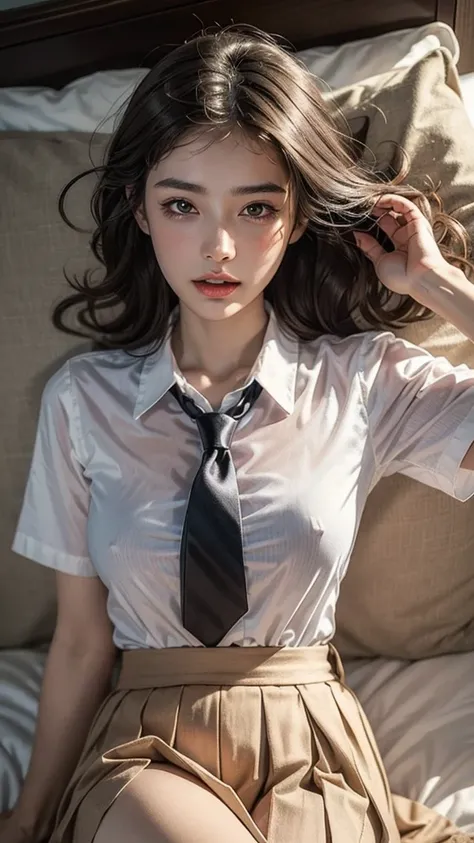 (highest quality, masterpiece:1.3), shape, ((Beautifully detailed face)), beautifully detailed skin, Intricate details, Very detailed, Best image quality in 8K, The true picture () (18 year old high school girl:uniform,White short sleeve shirt,Red tie,Plea...