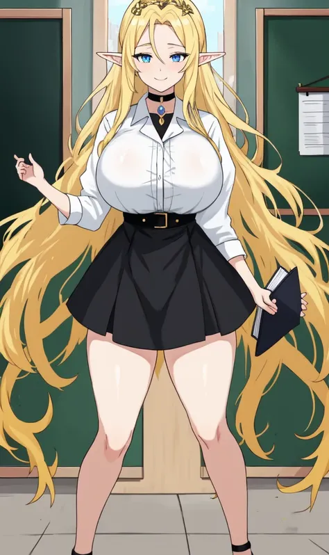 anime,(mature woman:1.2), sky, 1 woman, laurel crown, forehead gem, my hair is very long., blonde hair, blue eyes, big breasts, elf, pointed ears, long pointed ears, Hair between the eyes, smooth, parted smooth, look at the audience., smile, be happy, whit...