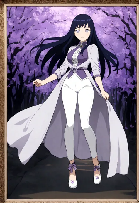 1girl, 1girl hinata full body, Hinata Hyuga, Hinata Hyuga naruto shippuden, hyuga hinata, (anime: naruto), adorable, female body, perfect body, fullbody, lavender gentle eyes, dark blue hair, dark blue long hair, beautiful, perfect body, wearing: white and...